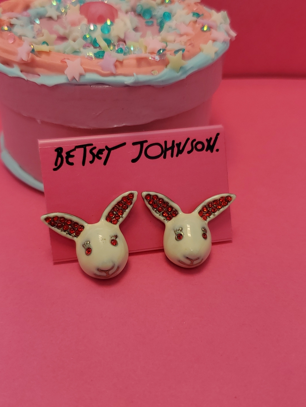 Betsey Johnson White Bunny Earrings with Red Crystal Accents